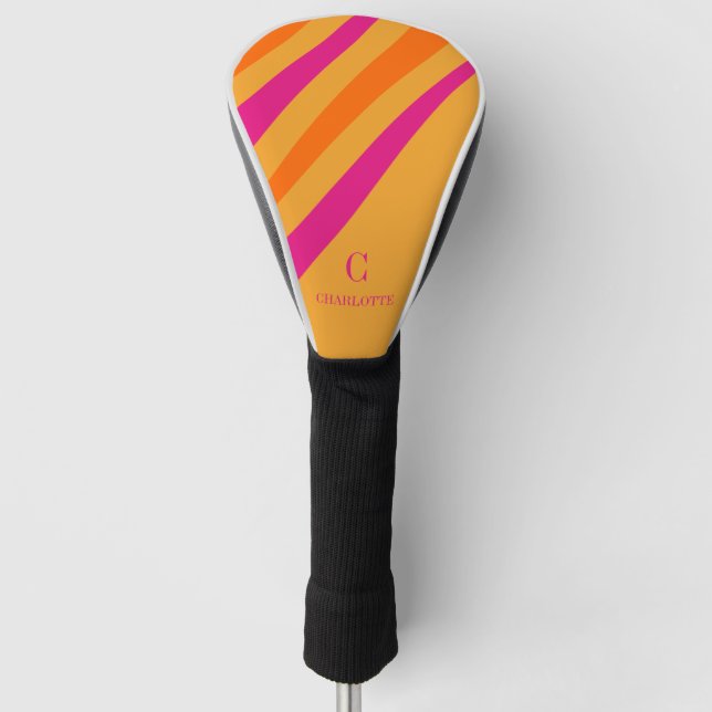 Bold Retro Stripes Monogram Pink Orange  Golf Head Cover (Front)