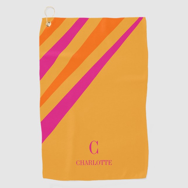 Bold Retro Stripes Pink Orange Mustard Golf Towel (Front)