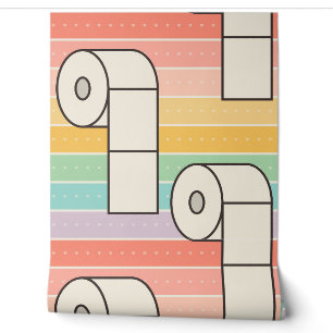 Bold retro toilet paper rolls on rainbow stripes wallpaper