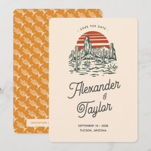 Bold Retro Vibes Saguaro Landscape Desert Wedding Save The Date