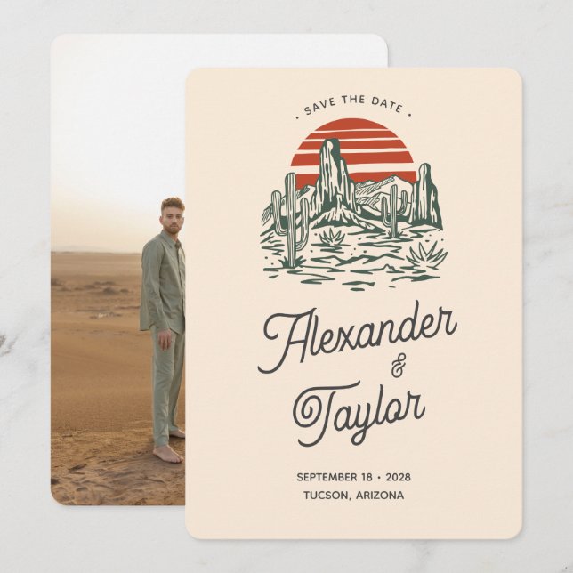 Bold Retro Vibes Saguaro Landscape Desert Wedding Save The Date (Front/Back)