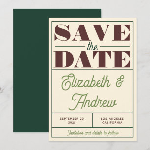 Bold Retro Vintage Green Brown Script Wedding Save The Date