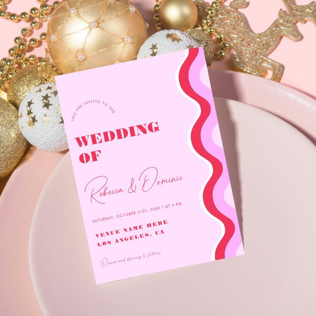 Bold Retro Wave Pink and Red All in One Wedding Invitation (Creator Uploaded)