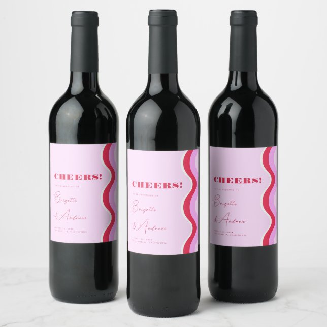 Bold Retro Wave Pink and Red Script Wedding Cheers Wine Label (Bottles)