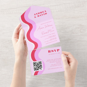 Bold Retro Waves Pink & Red QR Code RSVP Wedding All In One Invitation