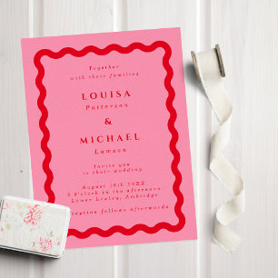 Bold Retro Wavy Frame Pink & Red Wedding  Invitation