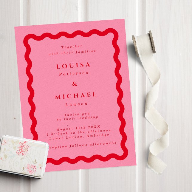 Bold Retro Wavy Frame Pink & Red Wedding  Invitation (Creator Uploaded)