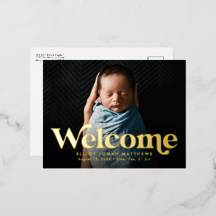 Bold retro welcome birth announcement postcard