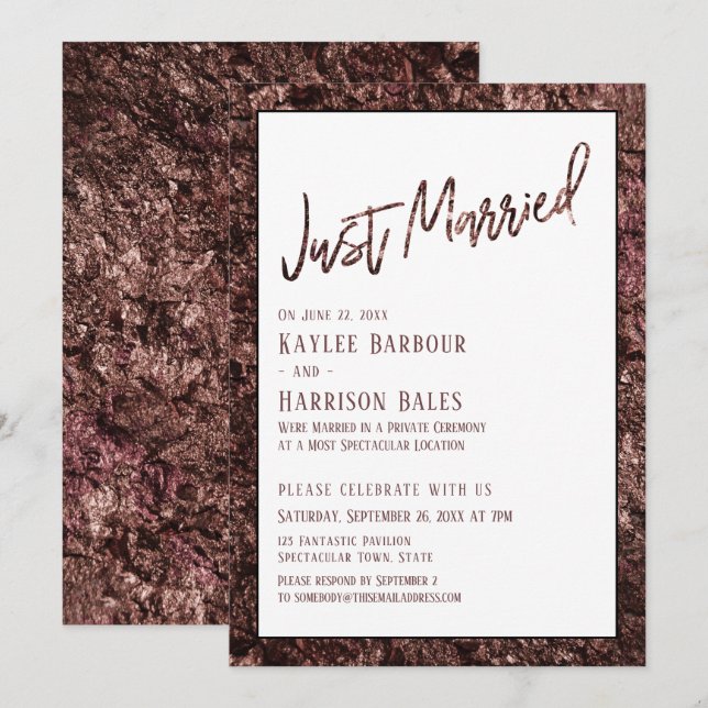 Bold Rose Gold Handwriting Just Married Reception Invitation (Front/Back)