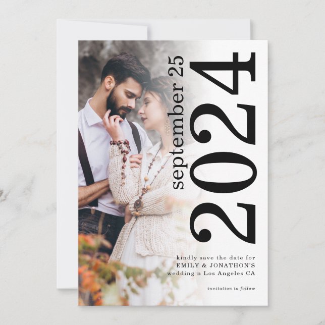 Bold Rotated Typography Photo Overlay Wedding Save The Date (Front)