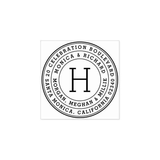 Bold Round Family Names & Monogram Return Address Rubber Stamp (Imprint)