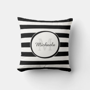 Bold Rugby Stripes With Monogram and Name in Black Throw Pillow