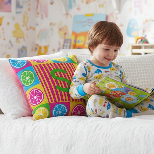 Bold S Initial Citrus Squares Vibrant Throw Pillow (Creator Uploaded)