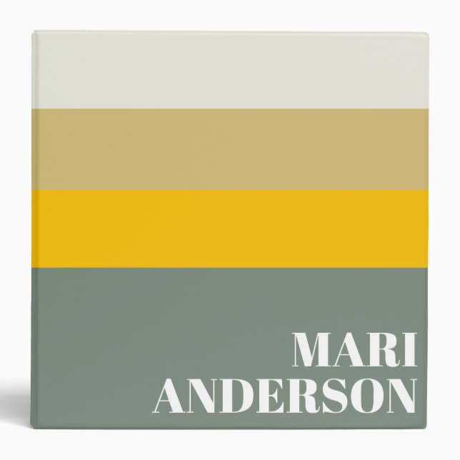 Bold Sage Green Yellow Stripes Modern Personalized Binder (Front)