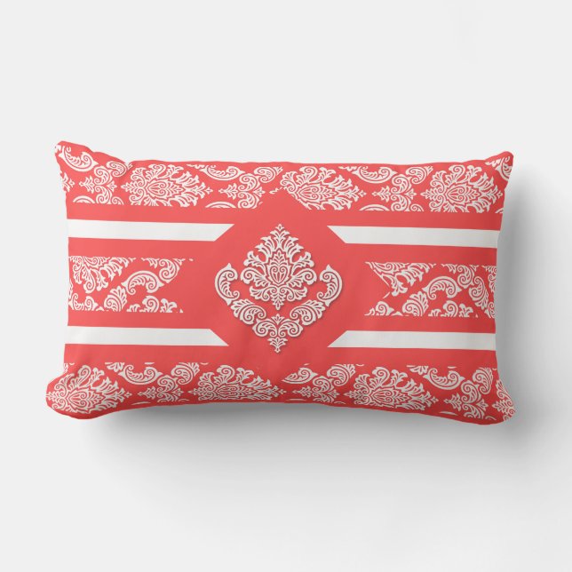 Bold Salmon and White Damask with Monogram Outdoor Pillow (Front)
