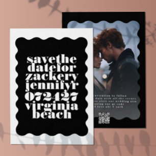 Bold Scalloped Border Black White QR Code Photo Save The Date