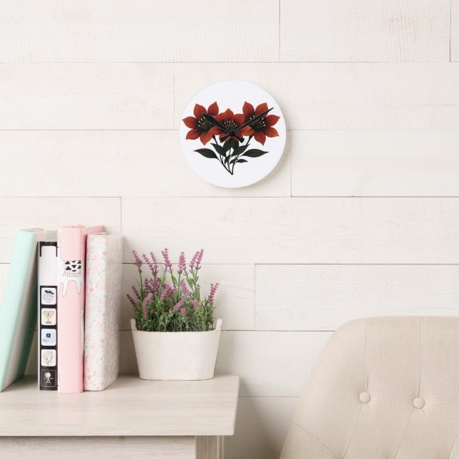 Bold Scarlet Blooms Round Clock (Reading Room)