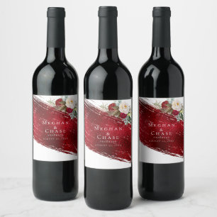 Bold Scarlet Red Brush Stroke Crimson Floral Wine Label