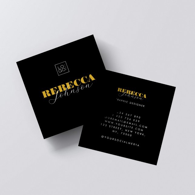 Bold Script Black Modern Logo Square Business Card (Creator Uploaded)
