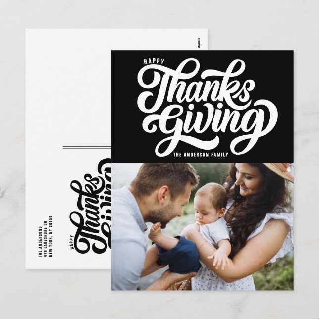 Bold Script Black Photo Happy Thanksgiving Holiday Postcard (Front/Back)