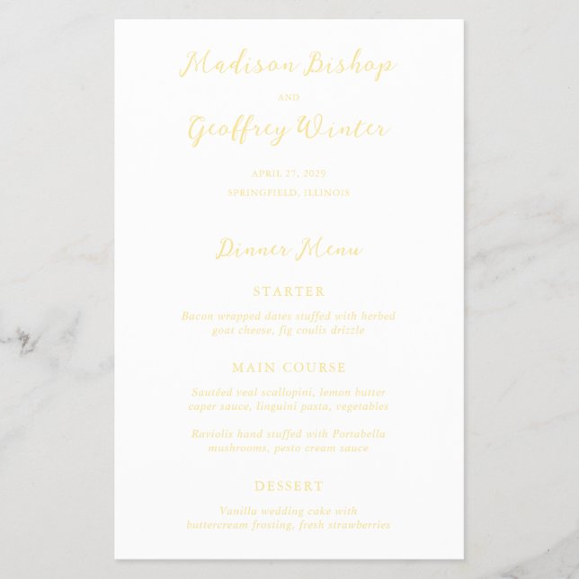 Bold Script Butter Yellow Budget Wedding Menu (Front)