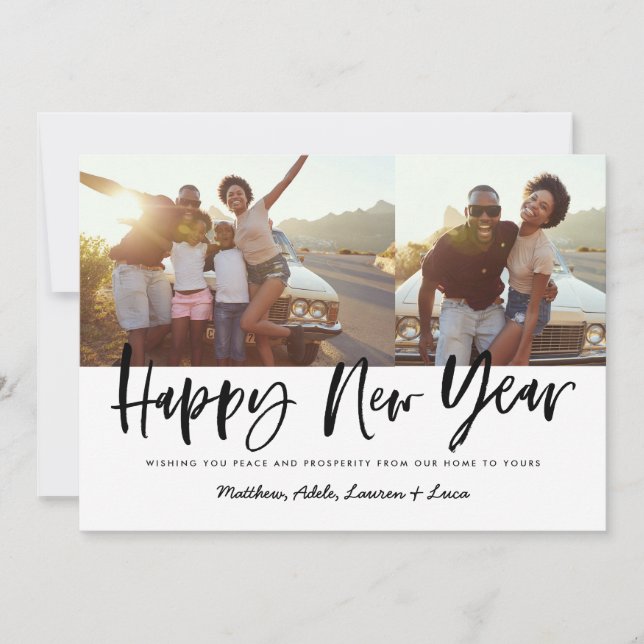 bold script happy new year multi photo new year holiday card (Front)