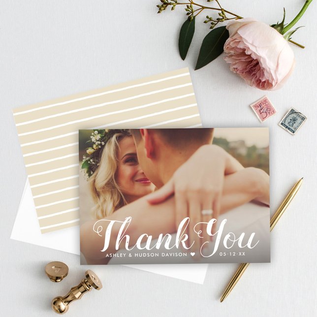 Bold Script Heart Stripe Backing Photo Thank You Card (Creator Uploaded)