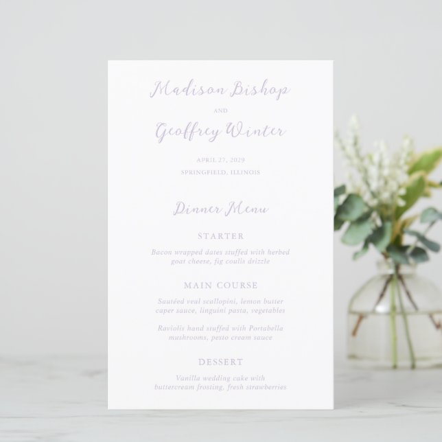 Bold Script Lilac Elegant Wedding Menu (Standing Front)