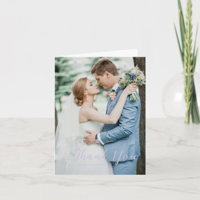 Bold Script Lilac Photo Elegant Wedding Thank You Card (Front)