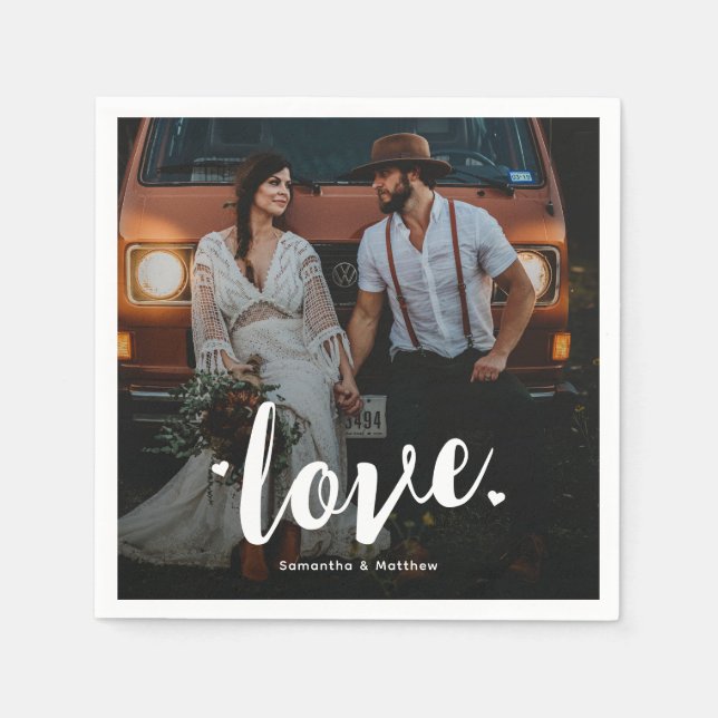 Bold Script Love Engagement Photo Napkin (Front)