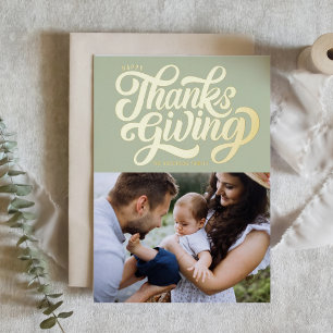 Bold Script Mint Green Happy Thanksgiving Photo Foil Holiday Card