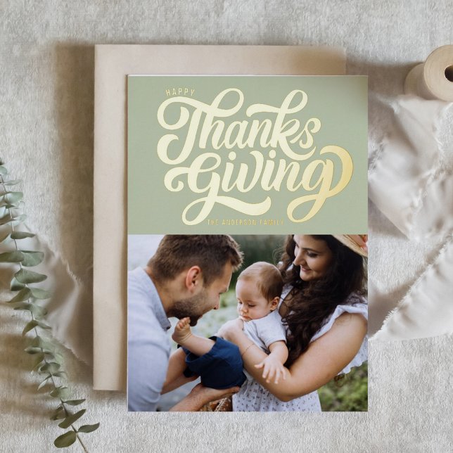Bold Script Mint Green Happy Thanksgiving Photo Foil Holiday Card (Creator Uploaded)