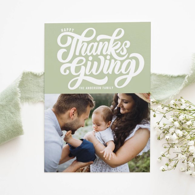 Bold Script Mint Green Photo Happy Thanksgiving Holiday Card (Creator Uploaded)