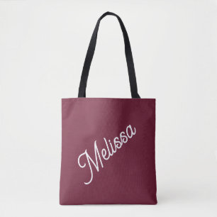 Bold script monogram, modern red burgundy tote bag