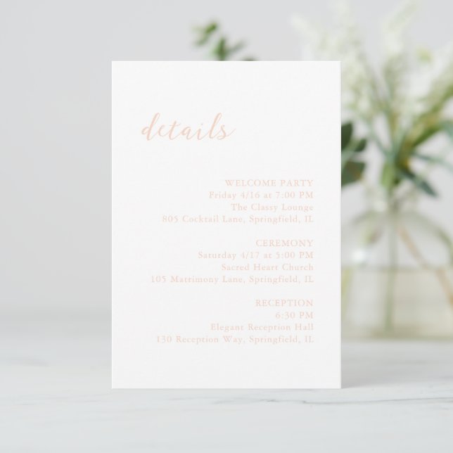 Bold Script Peach Elegant Wedding Enclosure Card (Standing Front)