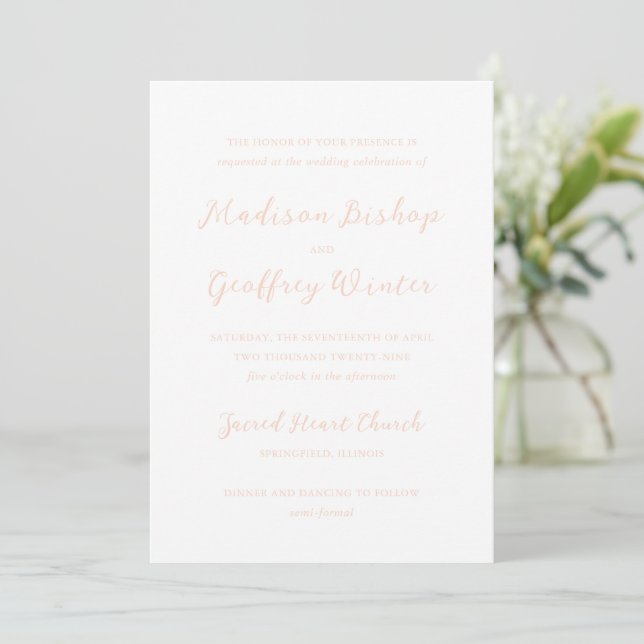 Bold Script Peach Elegant Wedding Invitation (Standing Front)
