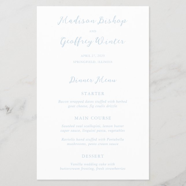Bold Script Powder Blue Budget Wedding Menu (Front)