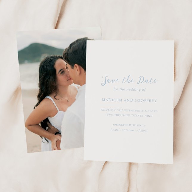 Bold Script Powder Blue Photo Elegant Wedding Save The Date (Creator Uploaded)