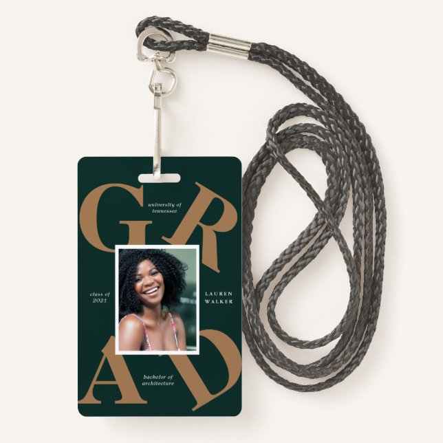 bold script school colours graduate announcement badge (Front with Lanyard)