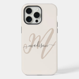 Bold Script Stylish Monogram and Name in Beige iPhone 15 Pro Max Case