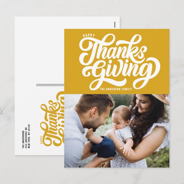 Bold Script Yellow Photo Happy Thanksgiving Holiday Postcard (Front/Back)