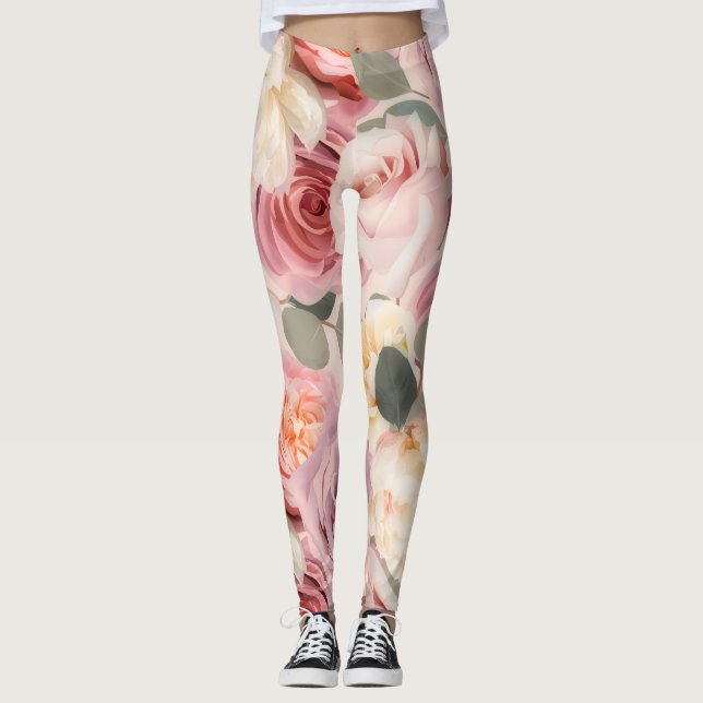 Bold Shabby Chic Roses Floral Garden Flowers Leggings (Front)