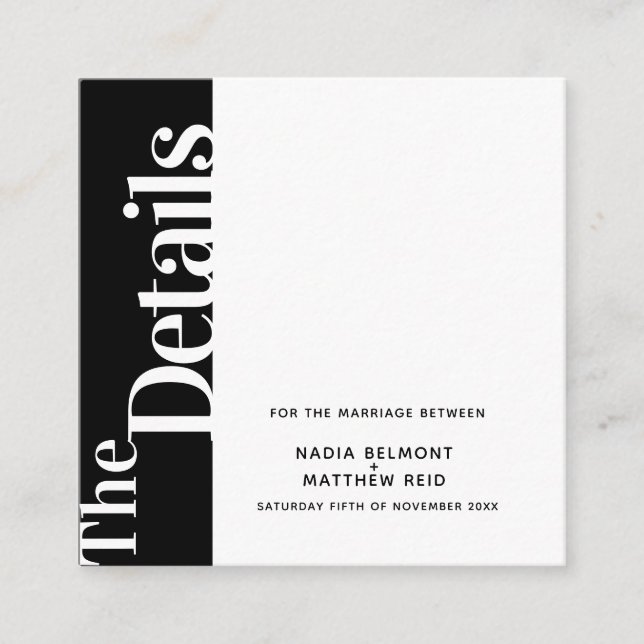 Bold side text black white square wedding details enclosure card (Front)