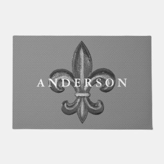 Bold Silver Fleur de Lis Personalized Family Name Doormat