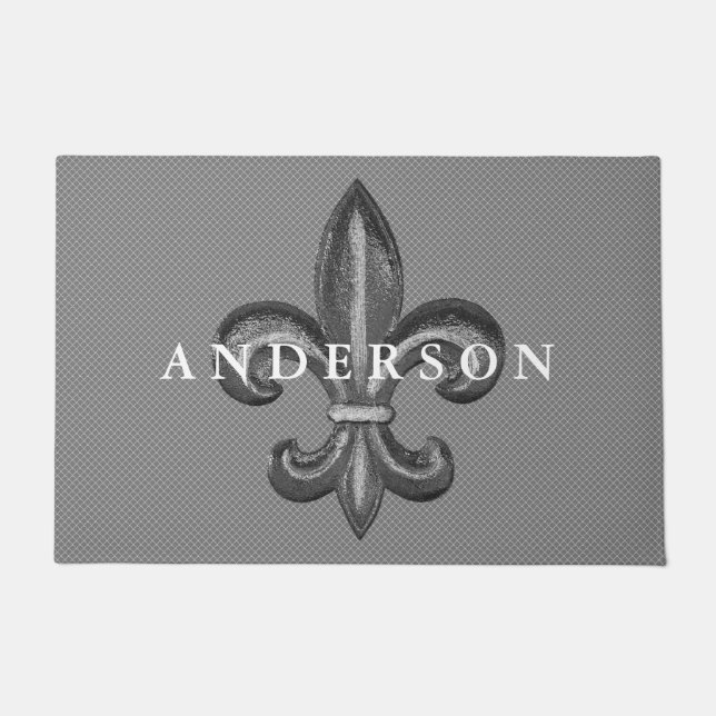 Bold Silver Fleur de Lis Personalized Family Name Doormat (Front)
