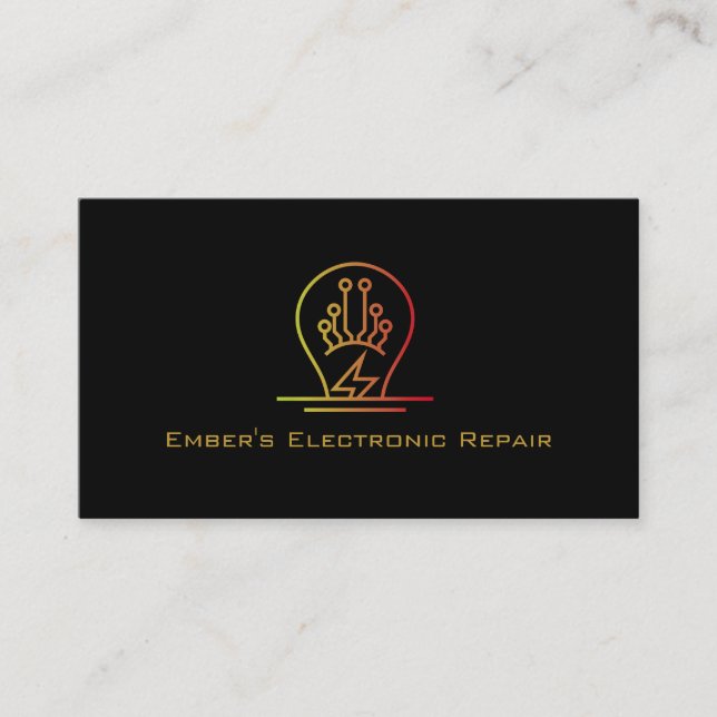 Bold Simple Electronic Repair Black Neon Bulb Logo Business Card (Front)