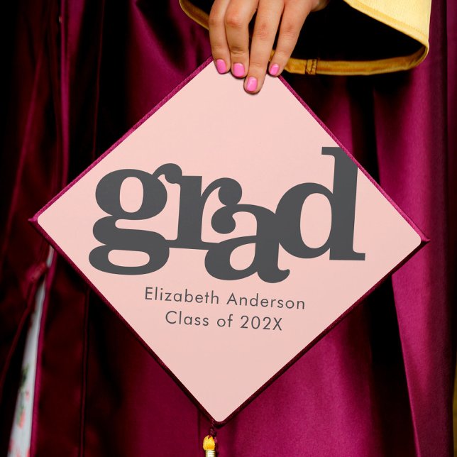 Bold simple modern grey typography on blush pink graduation cap topper (Creator Uploaded)