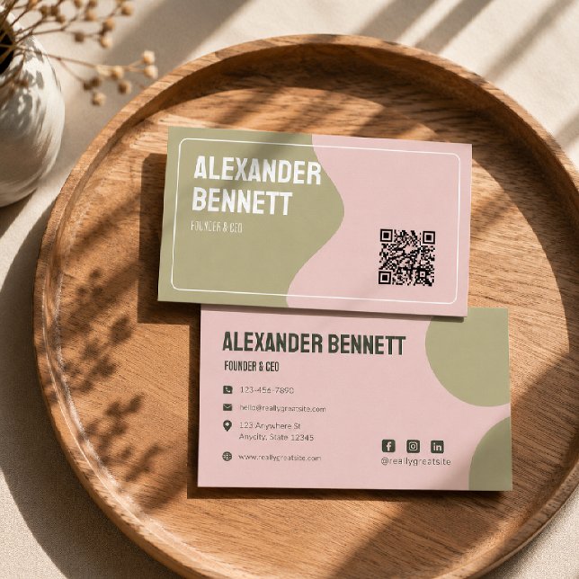 Bold Simplicity Green & Pink Scannable Qrcode  Business Card (Creator Uploaded)