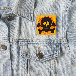 Bold Skull and Crossbones with Orange Burst 2 Inch Square Button