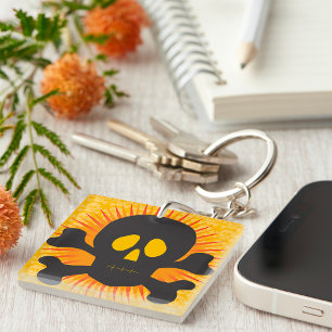 Bold Skull and Crossbones with Orange Burst Keychain